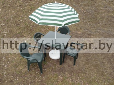 Комплект пластиковой мебели: стол пластиковый квадратный, кресло Барселана 4шт, садовый зонт, подставка под зонтик круглая - фото