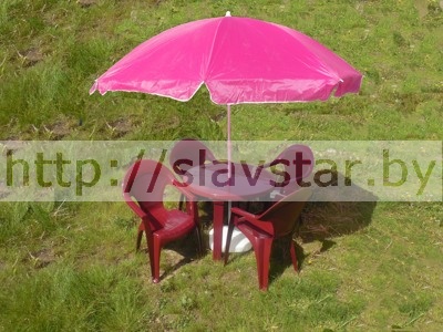 Комплект пластиковой мебели: стол пластиковый круглый, кресло пластиковое садовое Барселона 4шт, садовый зонт, подставка под зонтик (цвет бордовый) - фото
