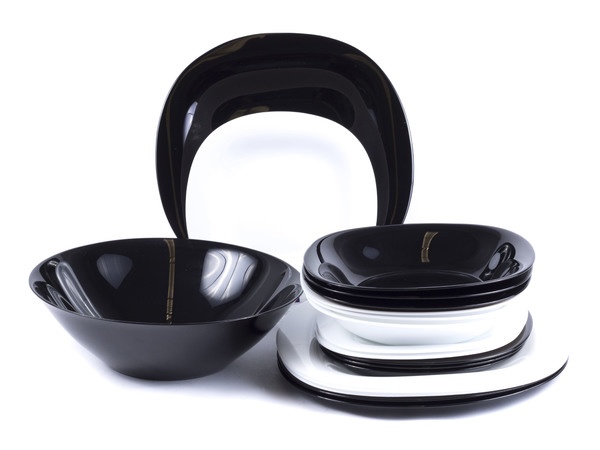 Набор посуды стеклокерамической Luminarc ''Carine Black/White'' 19 пр.: 18 тарелок 19/21/26 см, салатник 27 см  Арт.74516 - фото